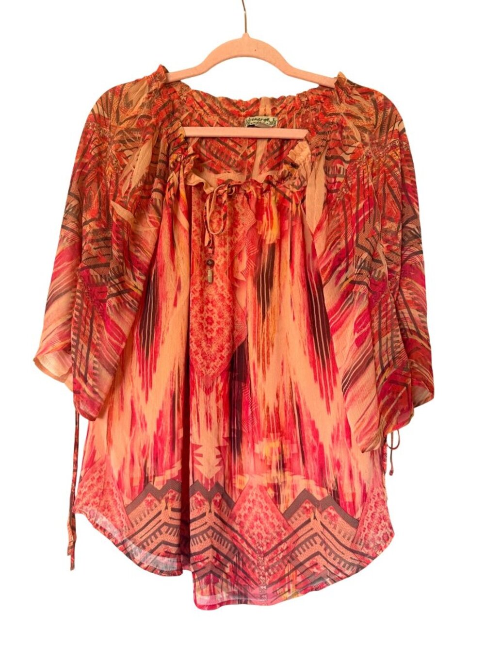 Energe Womens Sheer Red & Orange Boho Peasant Top With Drawstring Details Sz M